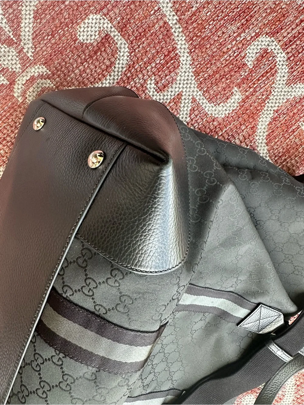 Gucci GG Nylon Duffle Bag Black Leather Trim Travel Weekender Shoulder Bag